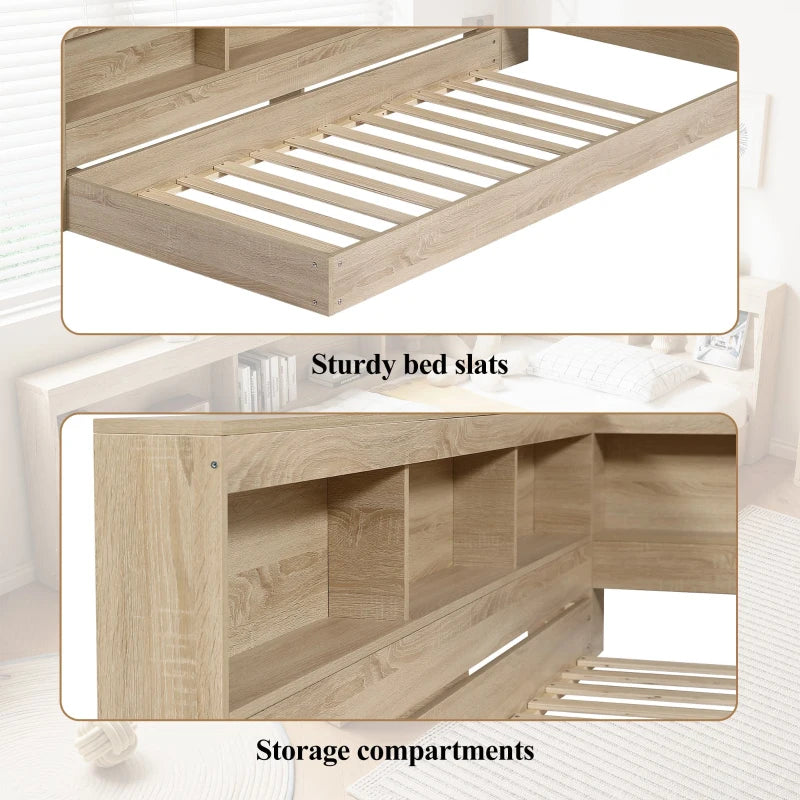 3FT Single Bed Frame with Storage Durable MDF Plywood Wooden Design for Adults Teens White Oak