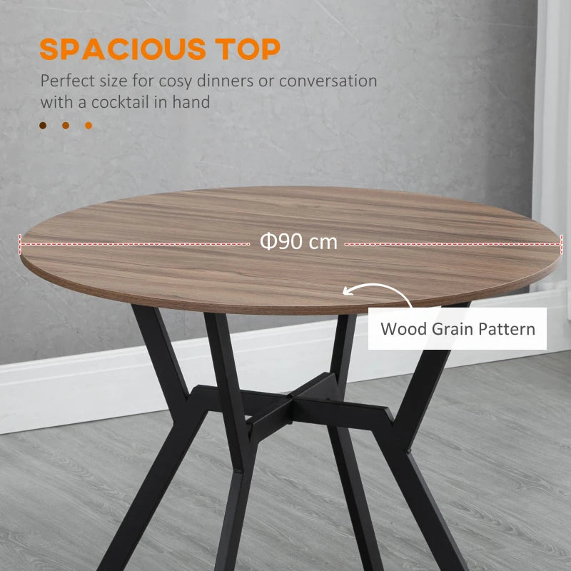 Round Dining Table with Black Legs - 90x76 cm Brown Kitchen Table with Anti-Slip Foot Pads for Living Room
