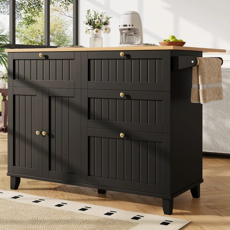 Rolling Mobile Kitchen Island Cart with Storage Drawer & Towel Rack, Drop Leaf Breakfast Bar, 121x70x88 cm, Black