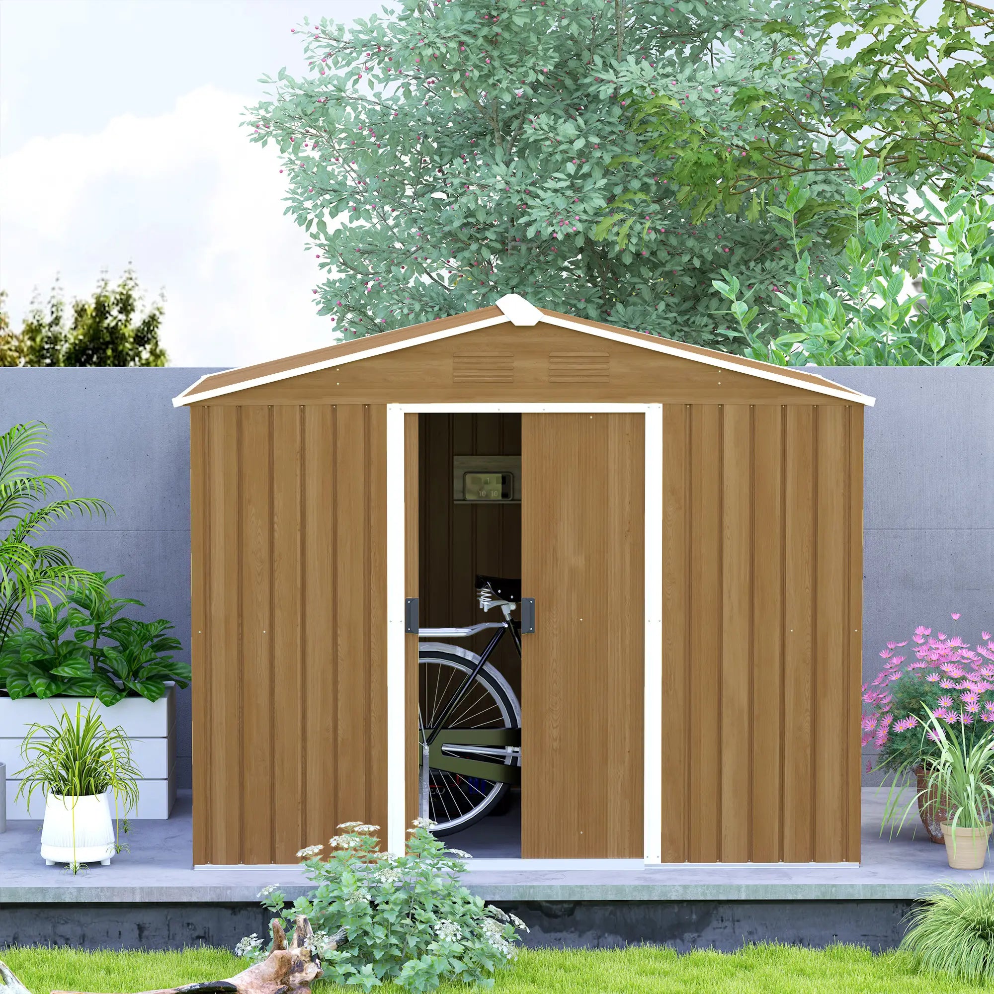 8ft x 6ft Golden Shed With Sliding Doors (Wood Effect)