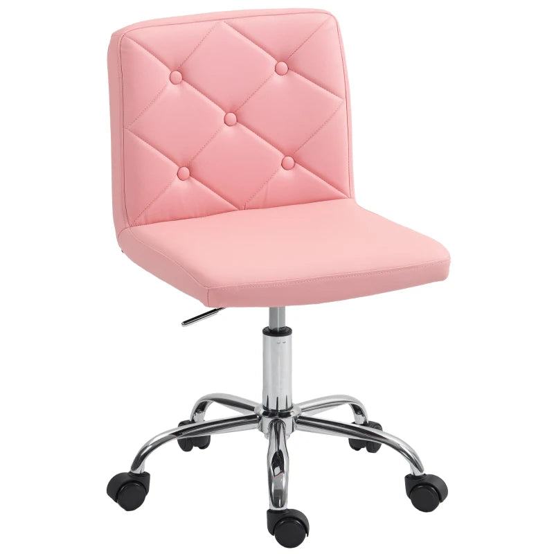 Pink PU Leather Armless Office Chair - Modern Swivel Computer Chair with Rolling Wheels & Adjustable Height for Home & Study