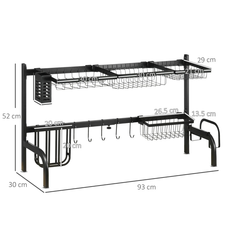 Space Saving 2-Tier Adjustable Dish Drainer Rack Over Sink - Black Dish Drying Organizer for Kitchen
