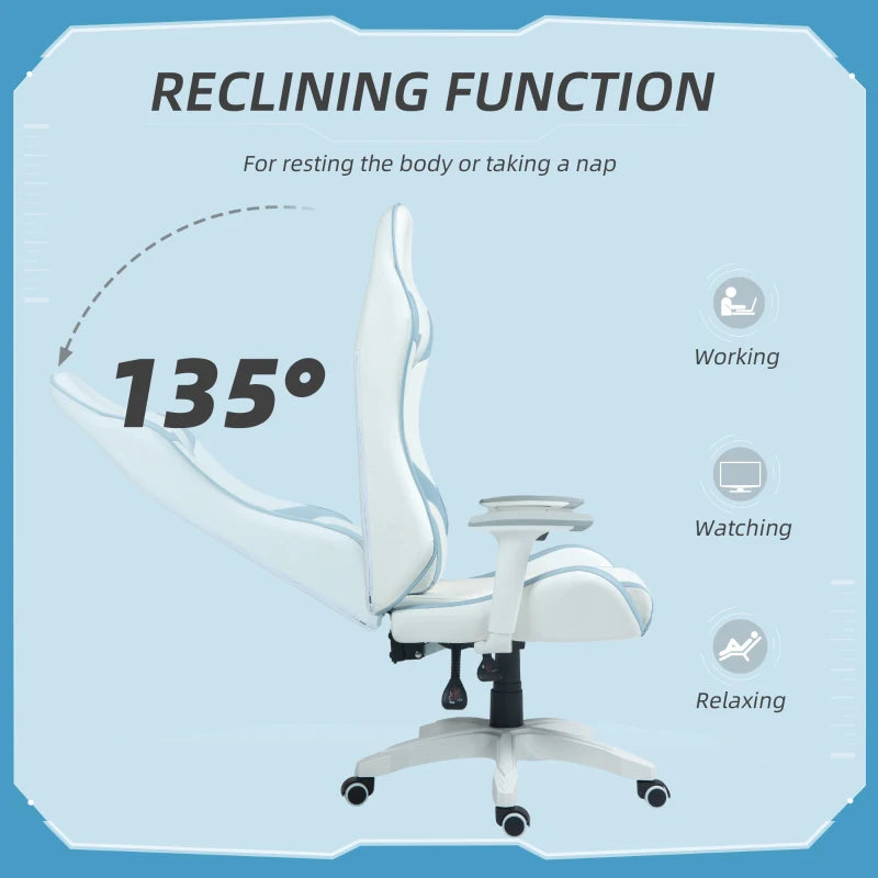 Faux Leather Colour Block Gaming Chair - 135° Recline, Stylish Blue/White Design for Ultimate Comfort and Support