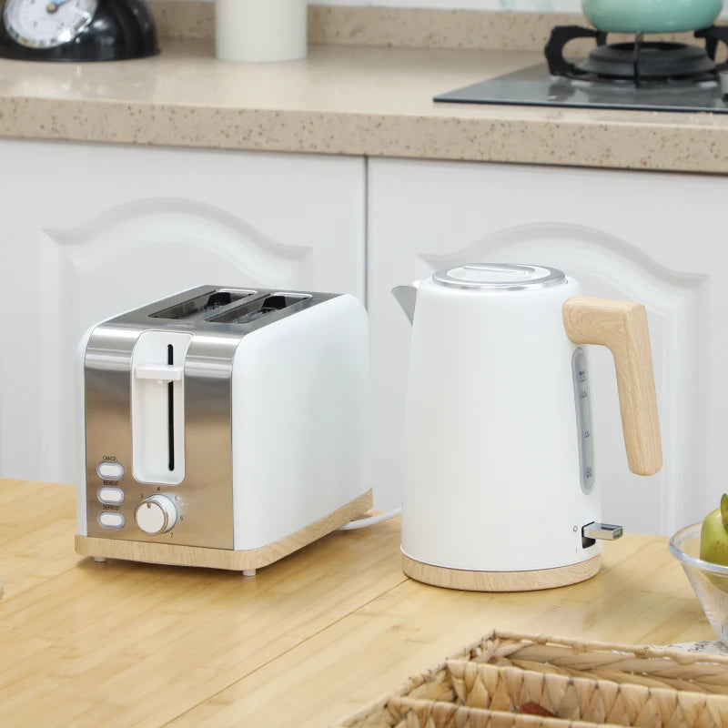 Stainless Steel Kettle & Toaster Set - 1.7L Fast Boil Kettle 3000W & 2 Slice Toaster with 7 Browning Levels, White