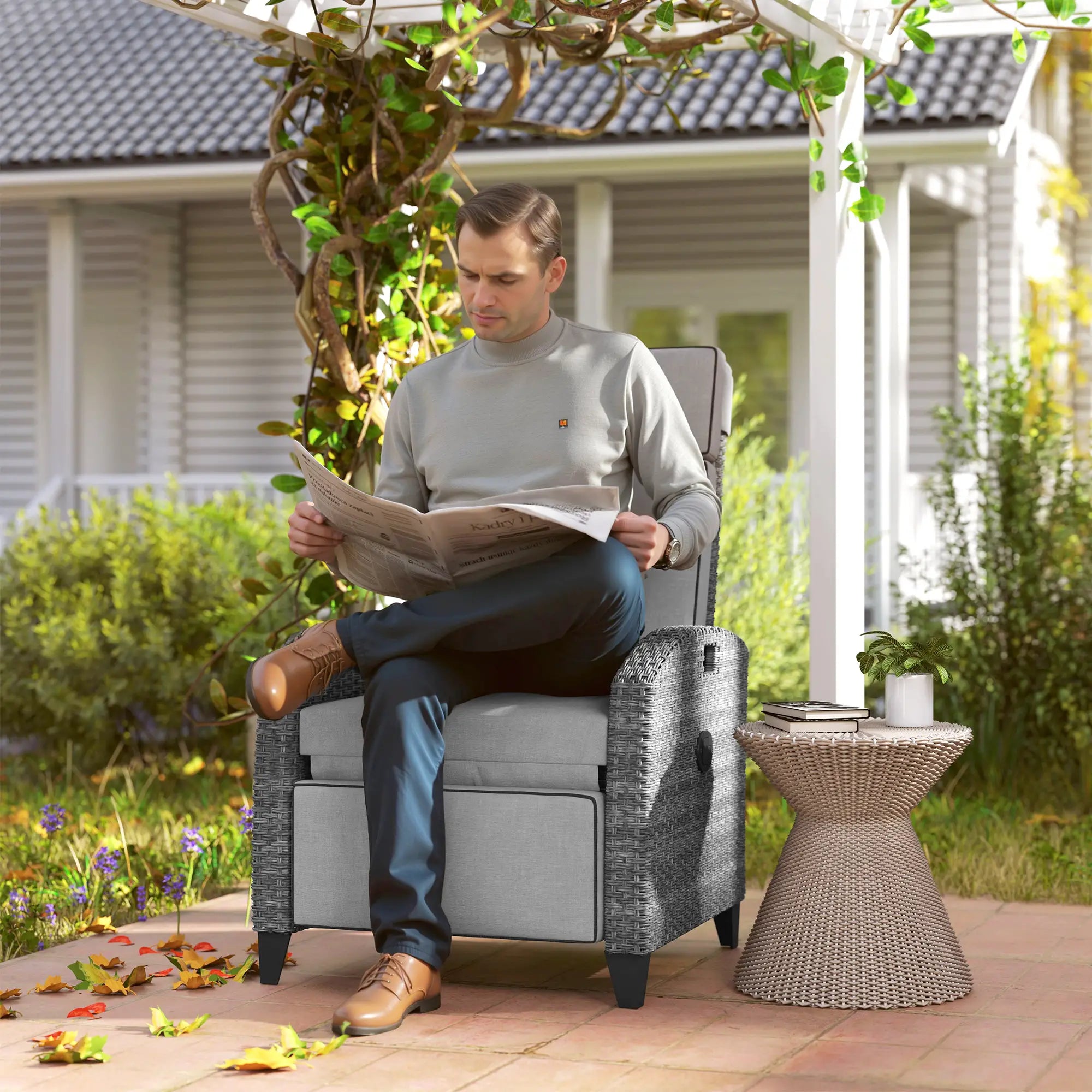 Grey Rattan Recliner Chair with Adjustable Backrest and Footrest, Cushions, Side Tray