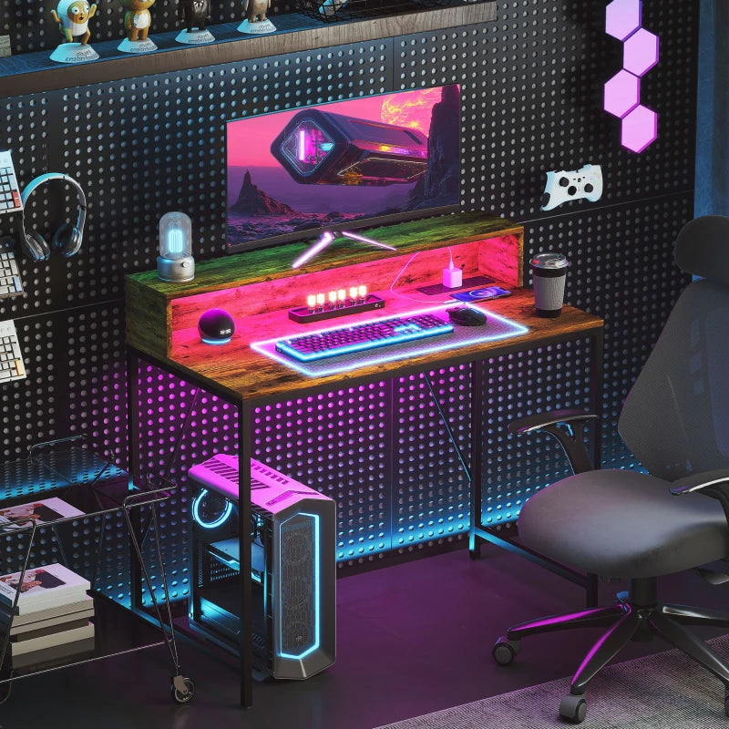 100cm Rustic Brown Computer Desk with LED Lights & Power Outlets, Gaming Table with Monitor Stand & Remote for Home Office
