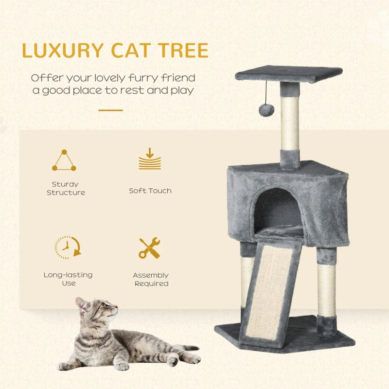 Corner Cat Tree for Indoor Cats - Grey Kitten Tower with Scratching Post, House, Ladder & Toy for Playful Kittens