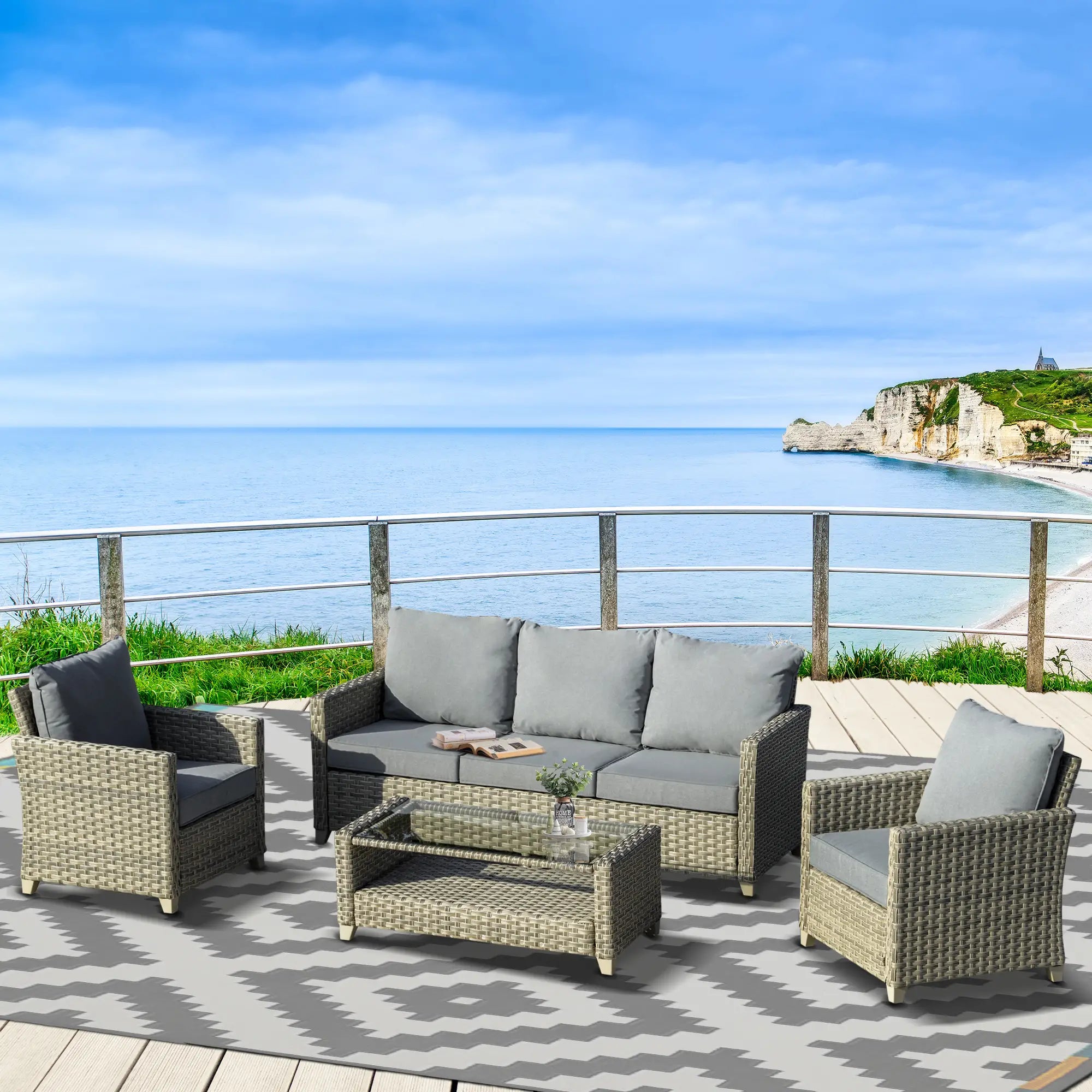 4 Piece Brown Rattan Sofa Set - 3 Seater Sofa and 2 Chairs + Coffee Table