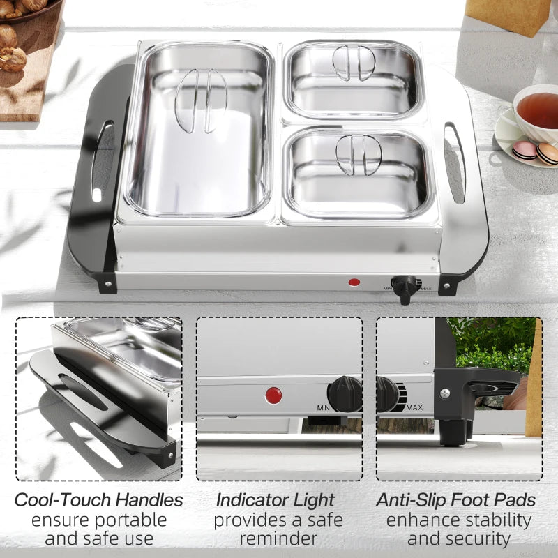 4.5L Stainless Steel Electric Buffet Server with 3 Trays & Lids - Perfect for Parties & Catering