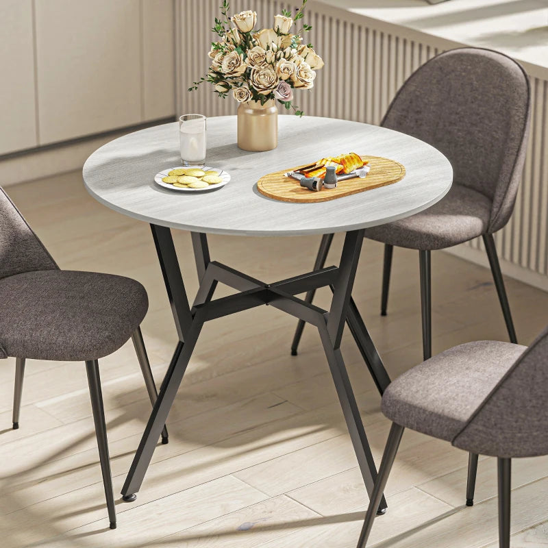 Round Grey Dining Table with Black Legs - 90 x 76 cm Kitchen Table with Anti-Slip Foot Pads for Living Room