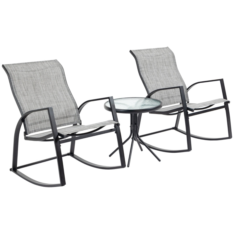 Grey Rocking Chair Bistro Set with Glass Table for Outdoor Spaces