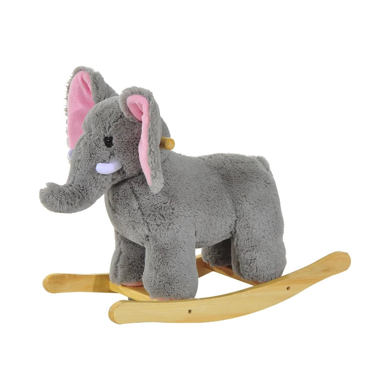 Kids Grey Elephant Rocking Horse Plush Ride-On Animal - Traditional Wooden Rocker with 32 Nursery Rhymes - Perfect Gift!