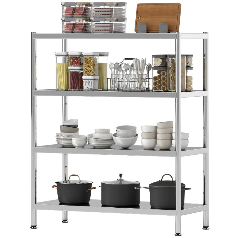 4-Tier Stainless Steel Bakers Rack with Adjustable Shelves - Kitchen Storage Unit for Spices, Pots & Pans - Silver Tone