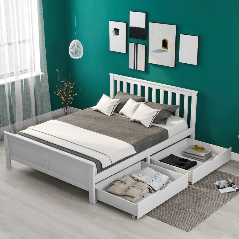 Wooden Solid Pine Divan Storage Bed with Drawers - Double Bed Frame for Adults & Kids, 196x146x82 cm, White