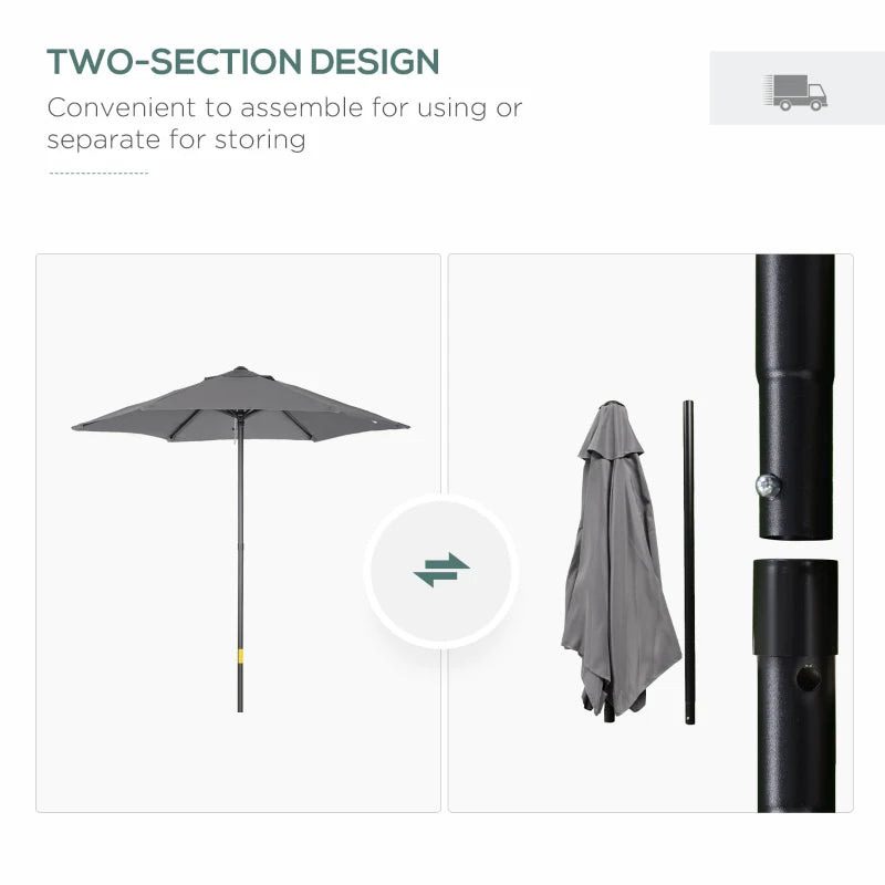 2m Dark Grey Garden Parasol Umbrella with 6 Sturdy Ribs