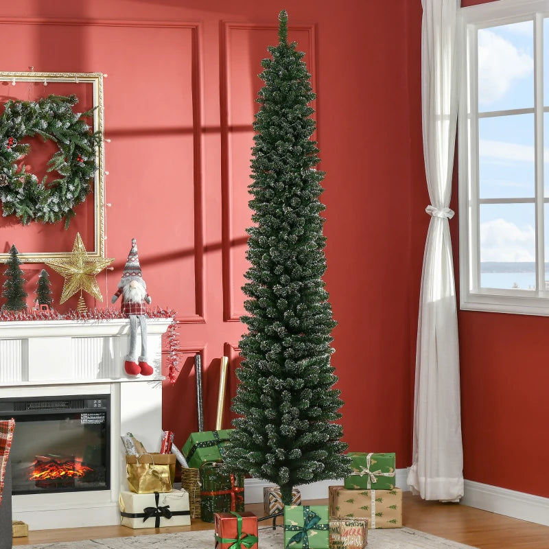 7.5FT Snow Dipped Christmas Pencil Tree - Foldable Black Stand, Green Holiday Indoor Decoration for Festive Home Decor