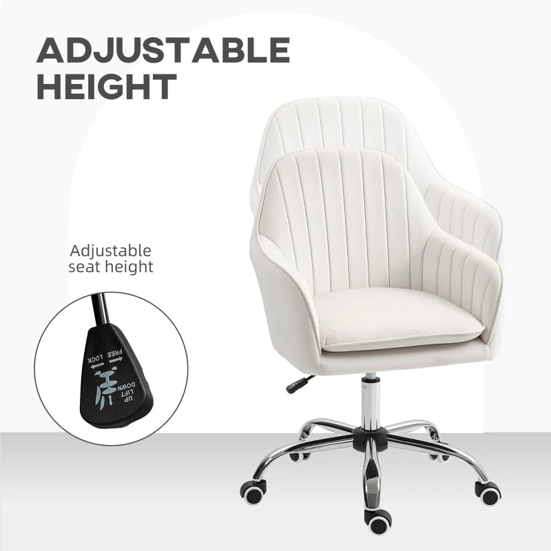 Cream White Velvet-Feel Office Chair with Adjustable Height & Smooth Wheels - Ergonomic Comfort for Home & Office
