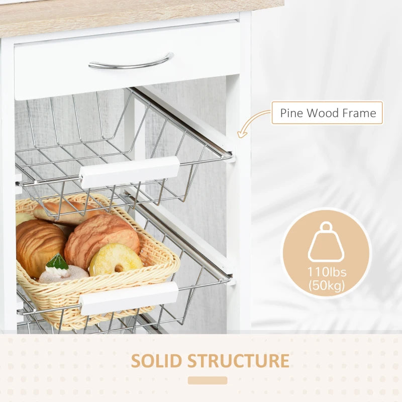 Rolling Kitchen Cart with 4 Basket Drawers & Side Racks - Utility Storage on Wheels for Dining Room - Natural & White