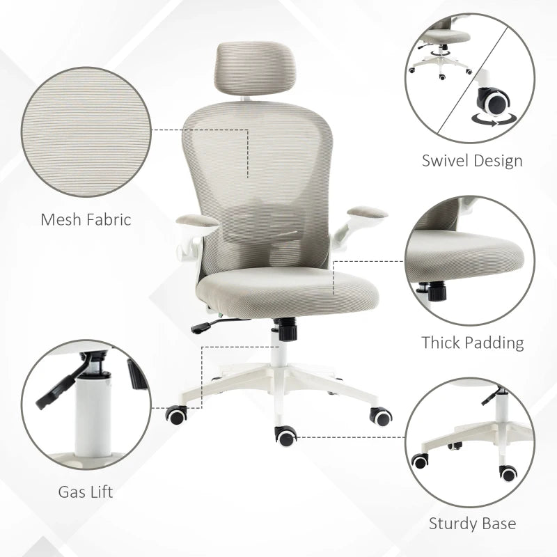 Vinsetto Ergonomic Multi-Adjustable Office Chair with Lumbar Support, Headrest & Breathable Mesh Back - Stylish Grey Design