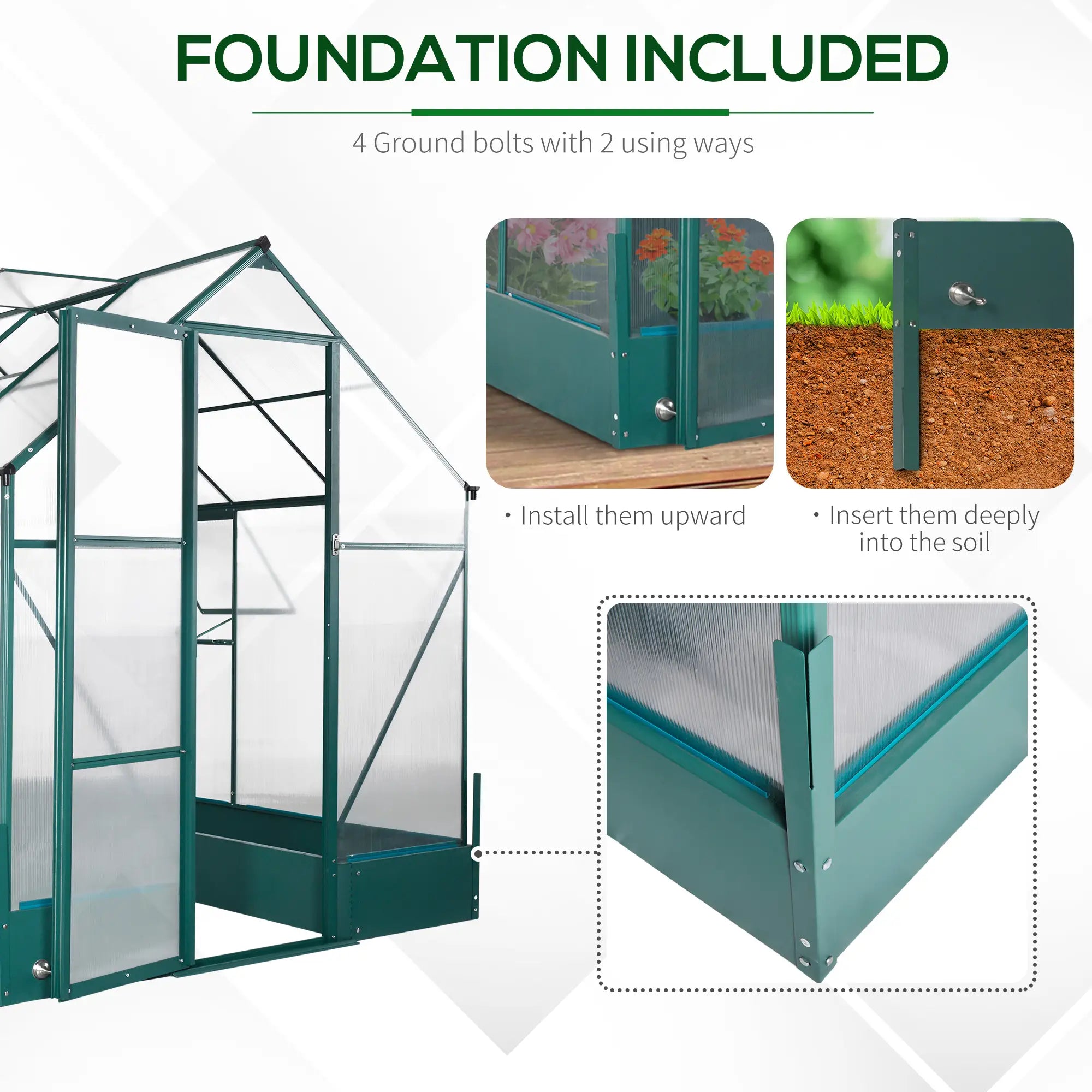 Green 6ft x 8ft Polycarbonate Greenhouse With Aluminium Frame and Temperature Controlled Window and Foundation