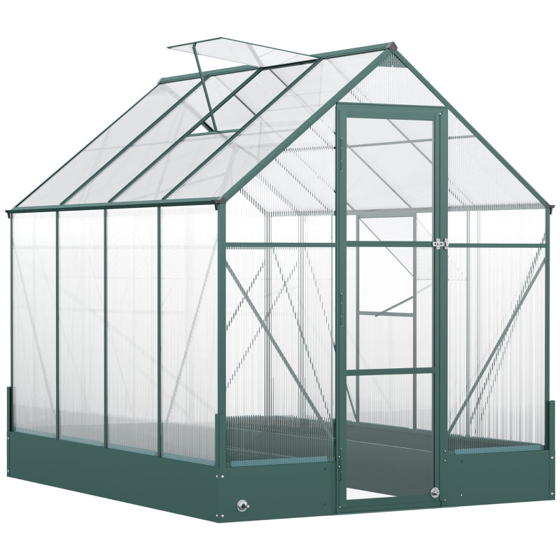 Green 6ft x 8ft Polycarbonate Greenhouse With Aluminium Frame and Temperature Controlled Window and Foundation