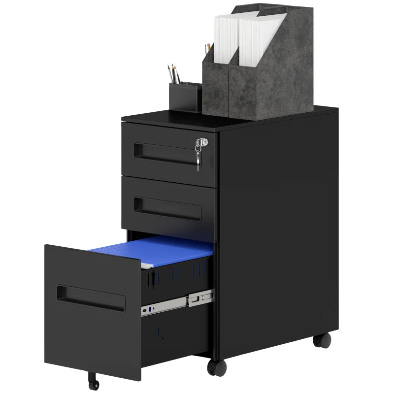 Vinsetto Black Three-Drawer Steel Filing Cabinet - Durable Office Storage Solution for Organizing Documents and Files