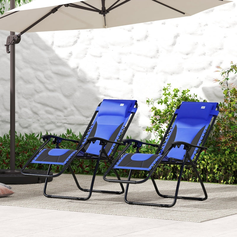 Blue Sun Lounger Chair Set of 2 - Folding Reclining Patio Chairs with Padded Seat, Cup Holder