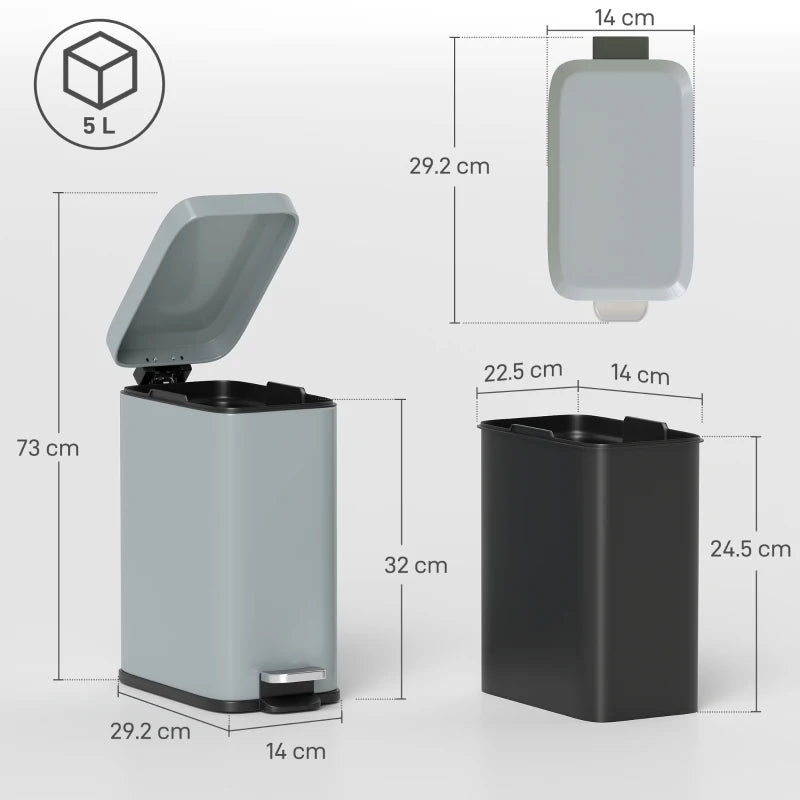 5L Rectangular Compact Steel Trash Can with Removable Bucket & Quiet-Close Lid - Ideal for Home, Office, Bathroom, Grey