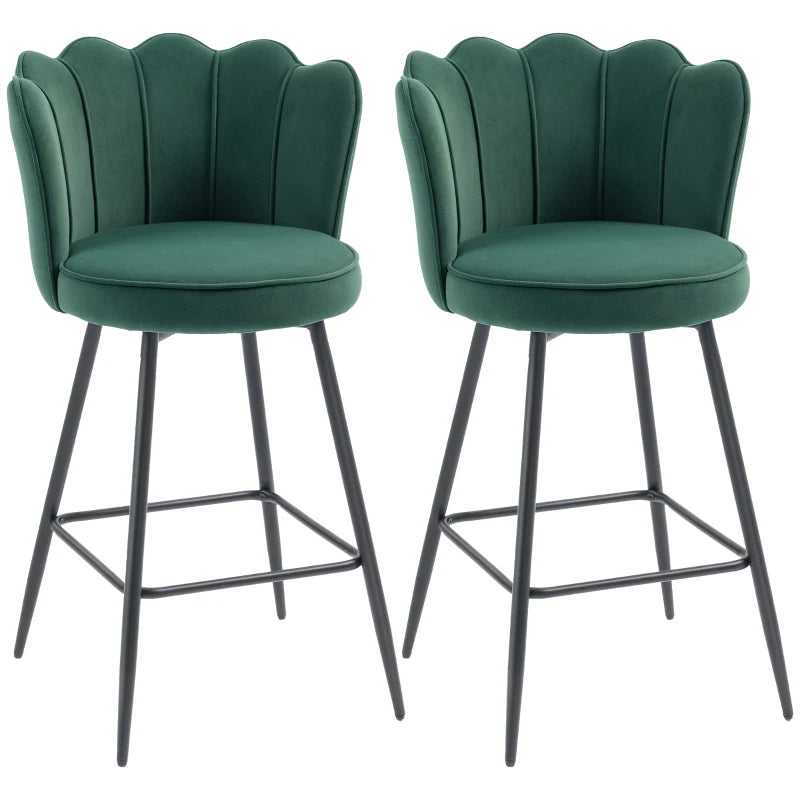 Set of 2 Dark Green Velvet Lotus Bar Stools - Stylish, Comfortable Seating for Kitchen or Home Bar
