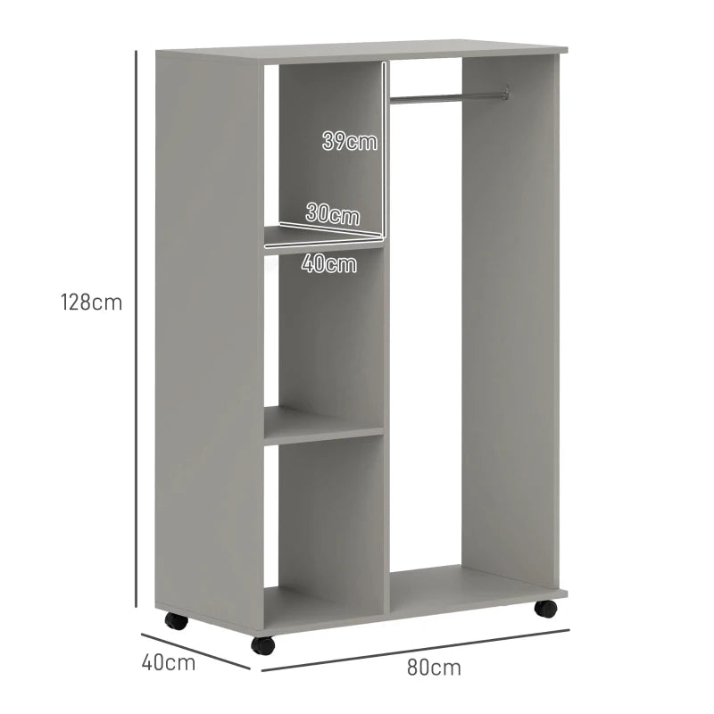 Mobile Open Wardrobe with Clothes Hanging Rail and Storage Shelves for Bedroom or Hallway Grey