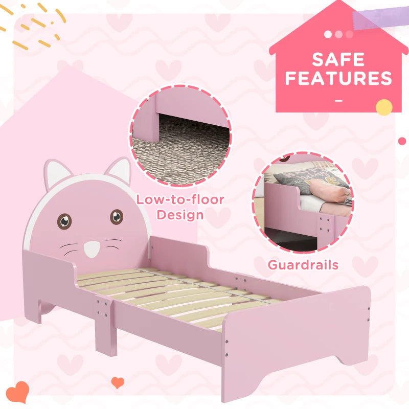ZONEKIZ Kids Cat Design Toddler Bed Frame with Guardrails - Pink Bedroom Furniture for Ages 3-6, 143x74x72cm