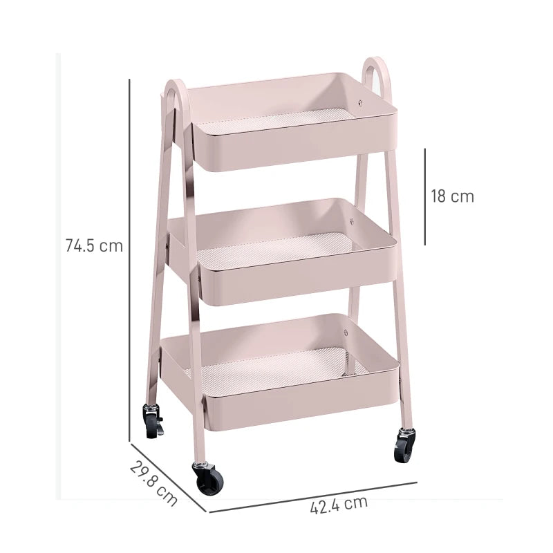 Pink Three-Tier Storage Trolley - Stylish Rolling Cart for Organizing Home, Office, or Kitchen - Versatile and Functional Design