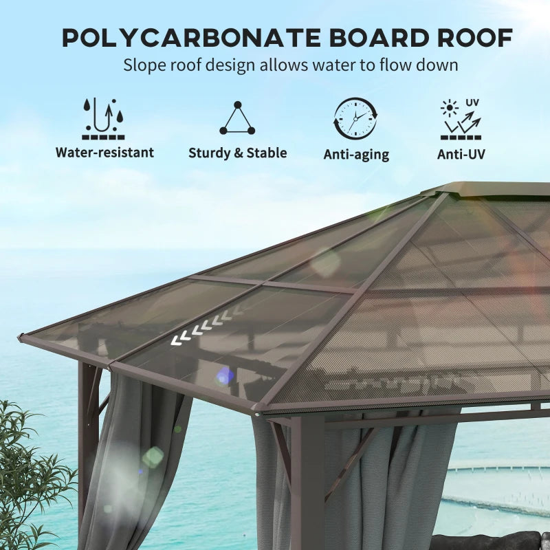 3 x 3.6m Hardtop Gazebo Canopy - Dark Grey Polycarbonate Roof Garden Pavilion with Removable Curtains and Steel Frame