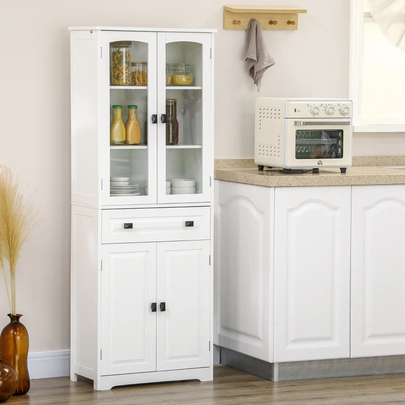 Stylish White Freestanding Kitchen Cupboard - 160cm Storage Cabinet with Glass Door, 2 Adjustable Shelves & Drawer for Living Room/Dining Room