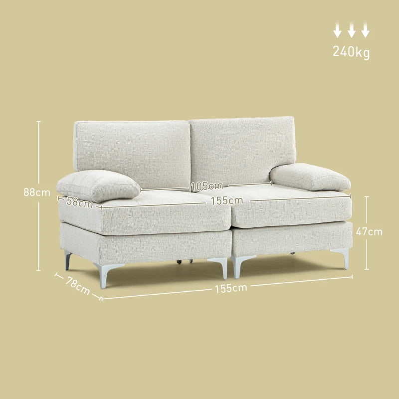 Modern Fabric Loveseat Sofa with Spring Cushions and Metal Legs for Living Room, Bedroom or Home Office in Cream White