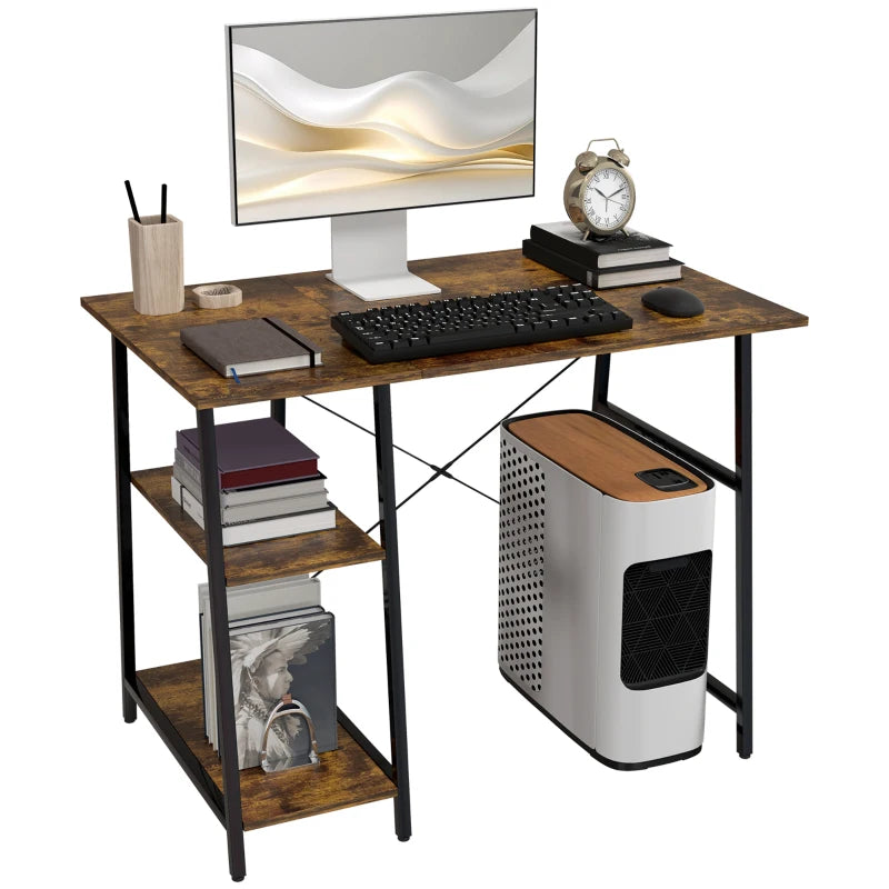 100cm Industrial Computer Desk with Storage - Rustic Brown Home Office Table, 2 Tier Shelves & Steel Frame for Study Room