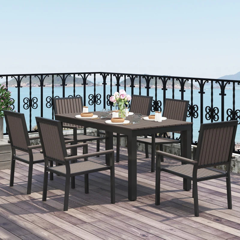 6 Seater Brown Garden Dining Set with Stackable Chairs, Rectangular Plastic Top, Aluminium Frame