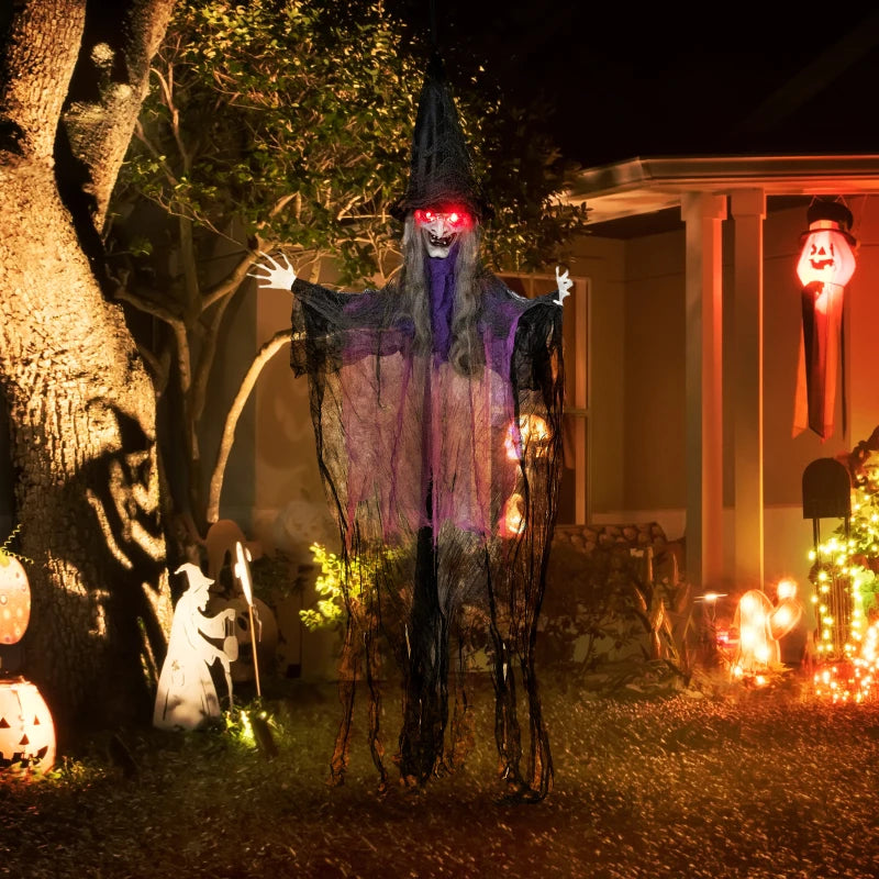 183 cm Life Size Animated Hanging Witch with Glowing LED Eyes - Spooky Halloween Decoration, Battery Operated Indoor Party Prop