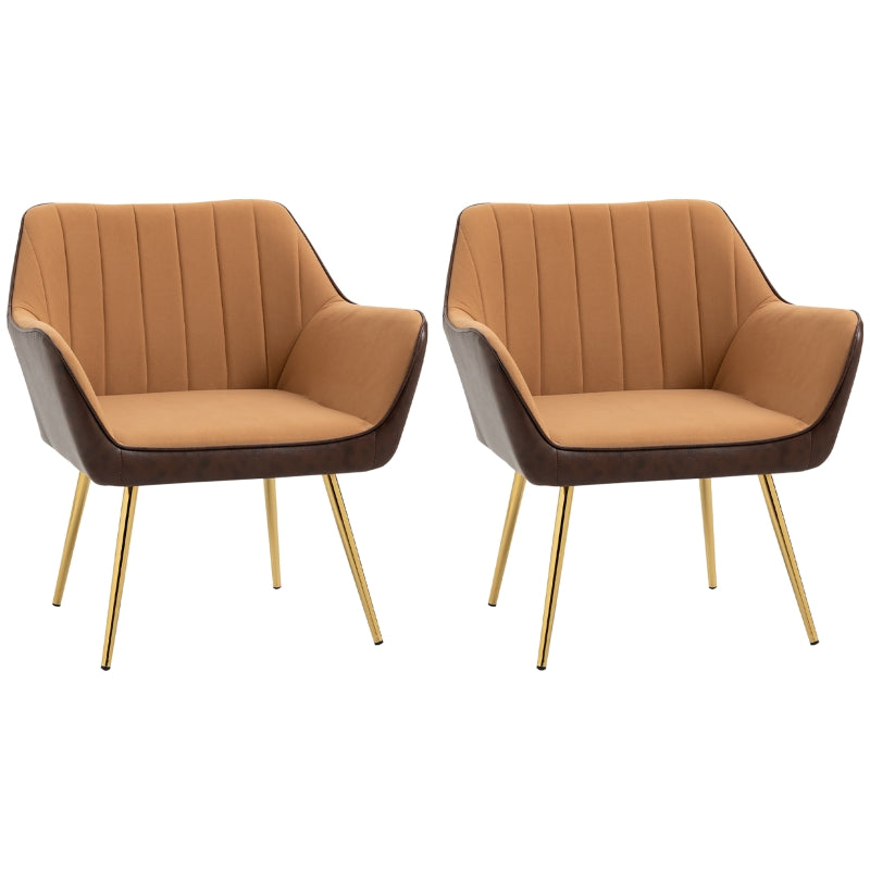 Set of 2 Velvet Accent Chairs with Gold Legs for Modern Living Room and Bedroom, Light Brown Upholstery