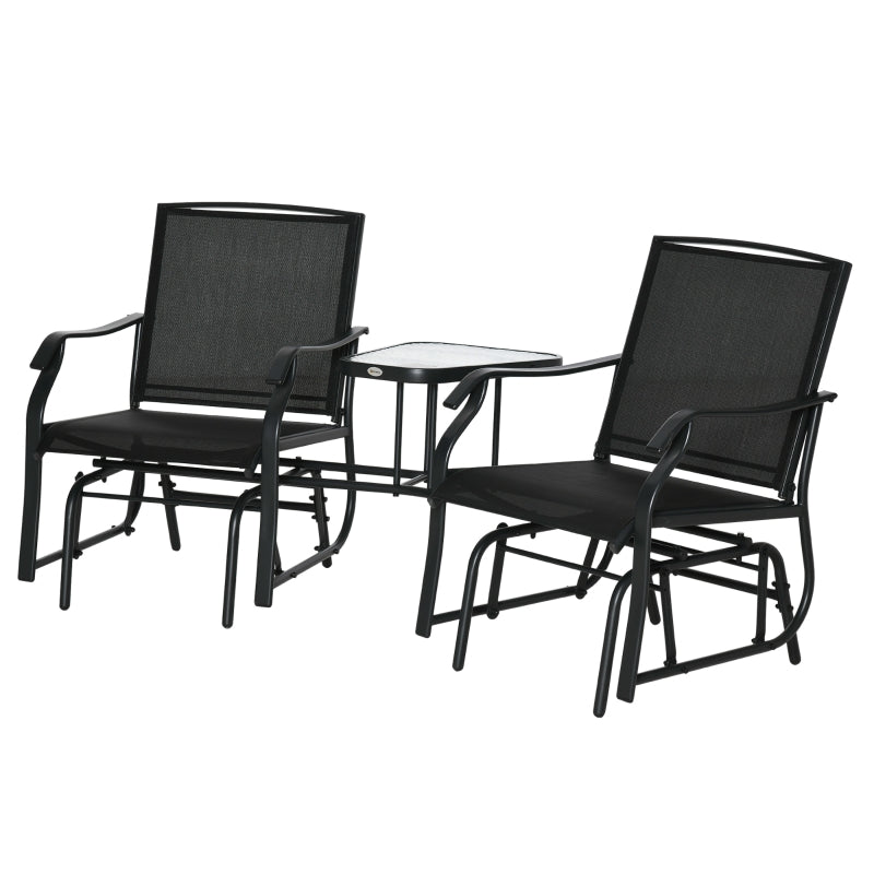 Black Outdoor Double Glider Rocking Chairs with Glass Top Table