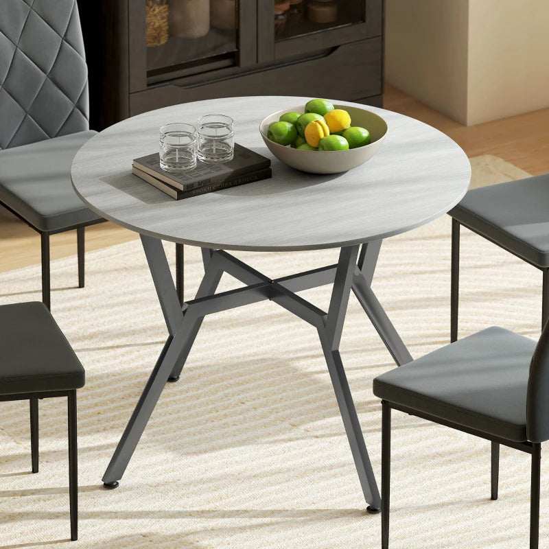 Round Grey Dining Table with Black Legs - 90 x 76 cm Kitchen Table with Anti-Slip Foot Pads for Living Room