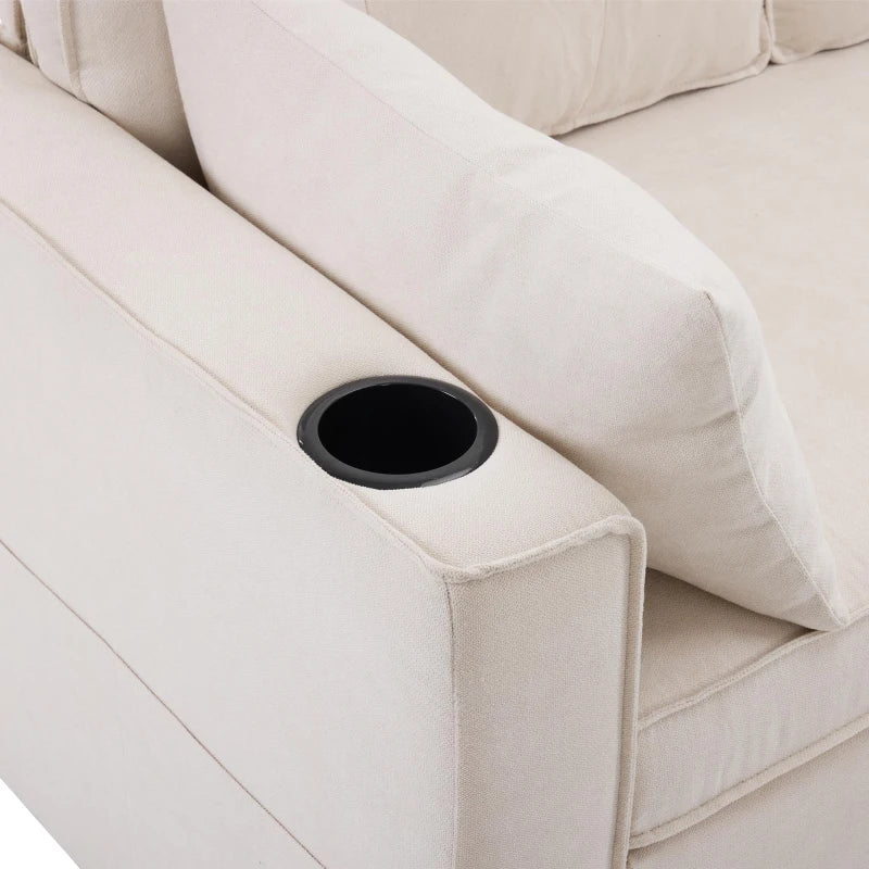 Versatile L-Shaped Sofa Bed with Reversible Chaise, Storage, Cup Holders and Cushions in Beige
