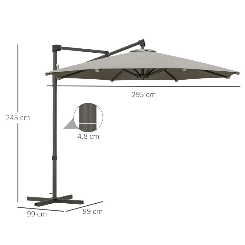 3m Overhanging Parasol with 360° Rotating Movement - Light Grey