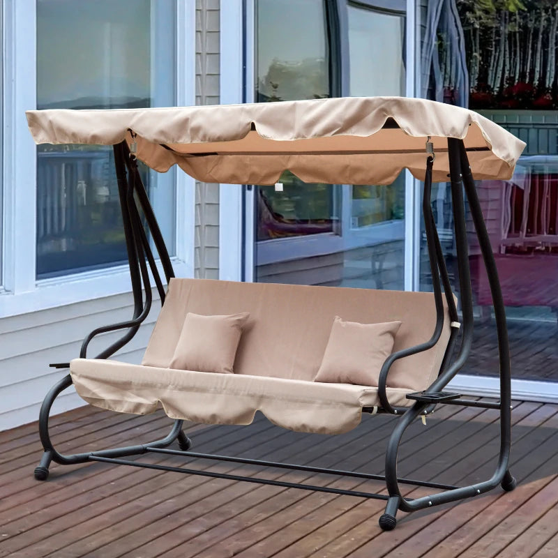 Beige Water-Resistant 3-Seater Swing Chair with Cup Holder