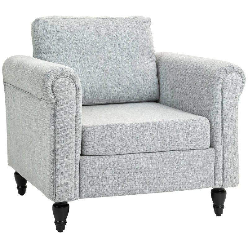 Vintage Upholstered Accent Chair with Back Pillow and Rolled Arms, Light Grey, Rubber Wood Legs