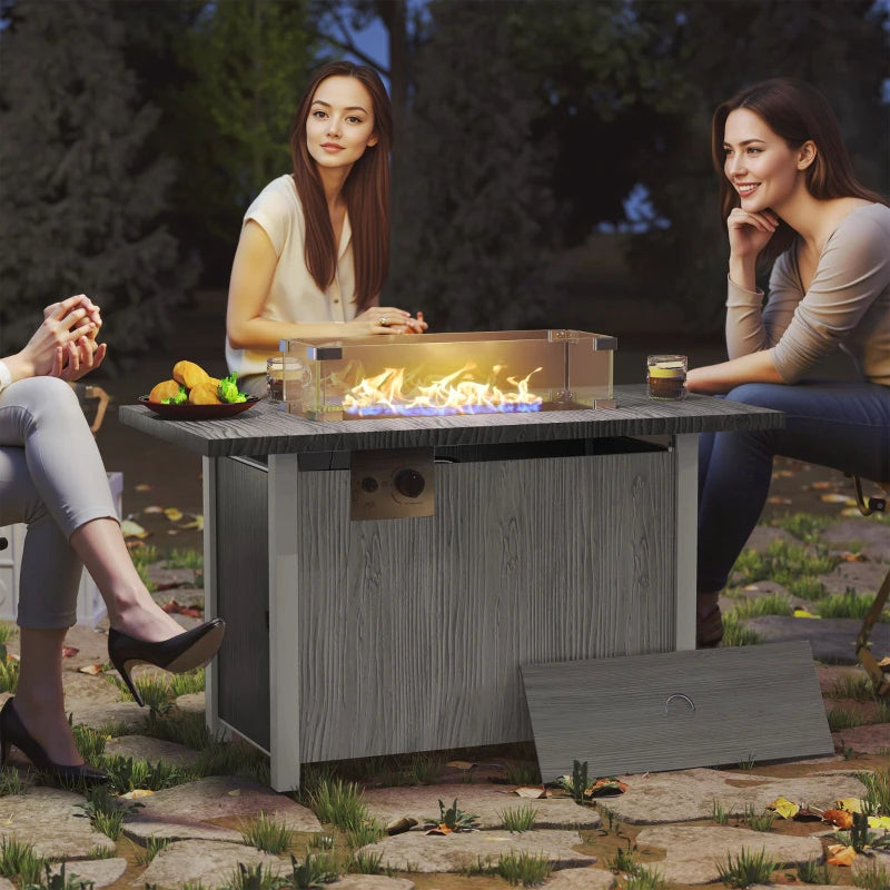 50,000 BTU Dark Grey Gas Fire Pit Table with Cover & Glass Screen - Outdoor Heating Solution