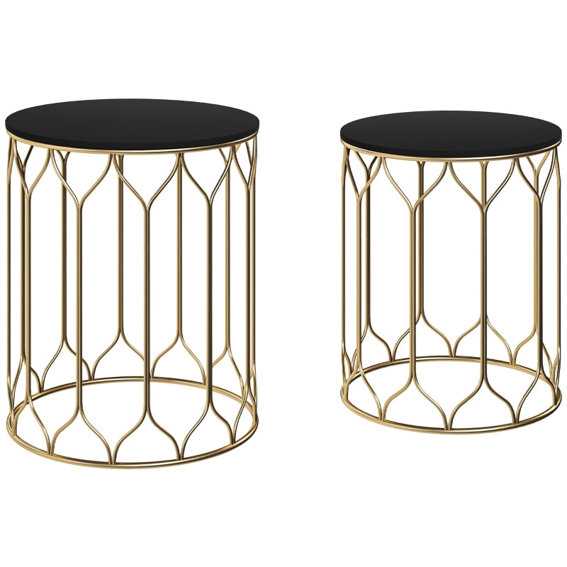 Set of 2 Black Ceramic Tile Top Nesting Tables - Multifunctional Indoor Outdoor Small Garden Side Tables with Metal Frame for Patio, Balcony, Porch