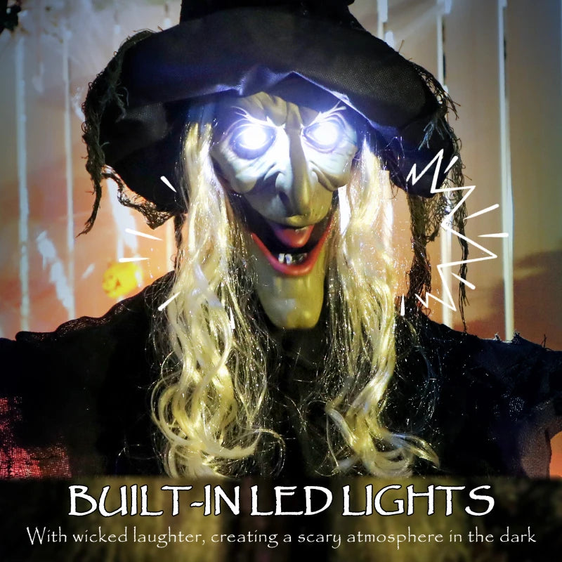183 cm Life Size Animated Hanging Witch with Glowing LED Eyes - Spooky Halloween Decoration, Battery Operated Indoor Party Prop