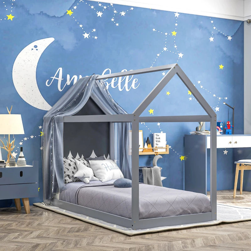 Scandinavian Style Single Bed Frame - Grey Pine Wood Base for 90x190cm Mattress - Modern Wooden Bed Design
