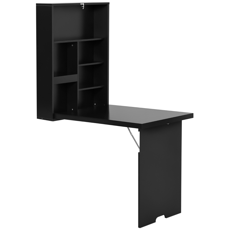 Folding Wall-Mounted Drop-Leaf Table with Chalkboard & Storage Shelf - Multifunctional Floating Desk for Home Office - Black